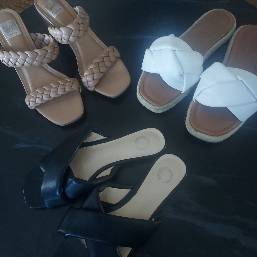 Braided Strap Sandals - Tan, White, and Black